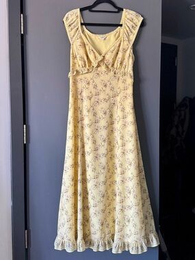 Max Studio Butter Yellow Kentucky Derby Dress Dainty Floral Midi Frilly Romantic